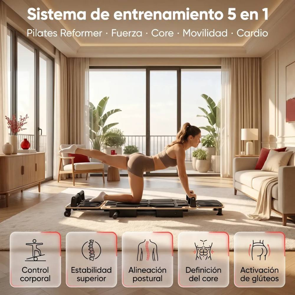Mujer entrenando Pilates sobre el reformer LUMA en su casa